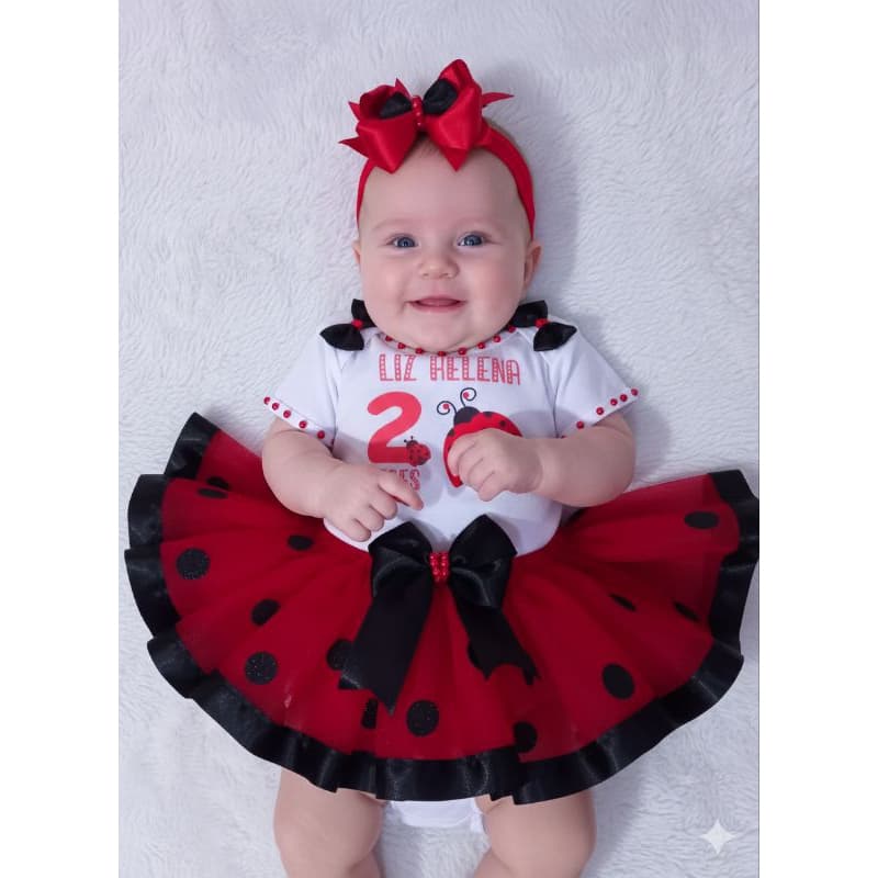 Fantasia Joaninha Infantil RN a 4 anos conjunto Completo Body Personalizado Saia de Tutu e Laço de Cabelo
