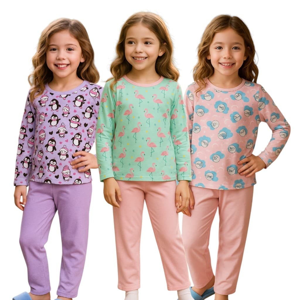Kit 3 Pijama Quentinho Infantil para Menina Inverno Frio Confortável Sortido