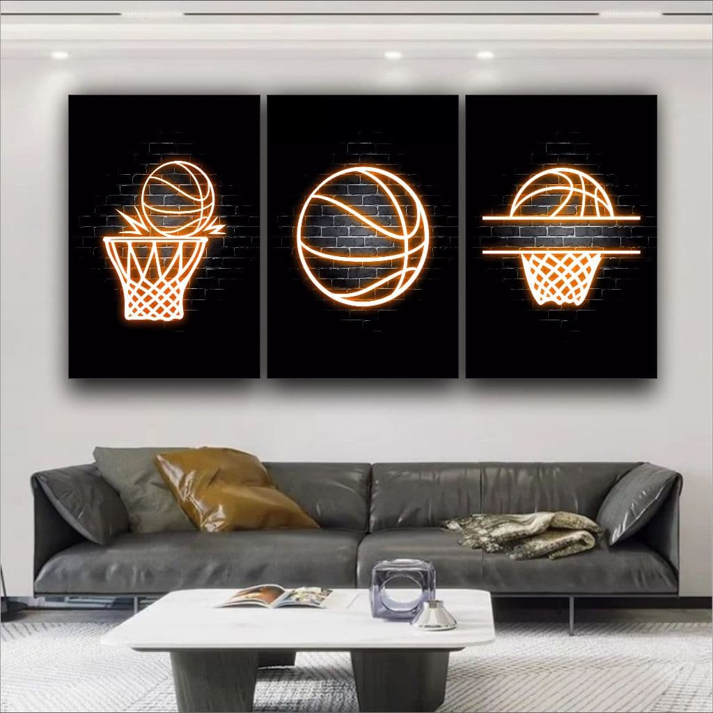 Quadro Decorativo para Sala kit 3 peças Esporte Cesta Bola Basquete Neon Moderno salão de jogos