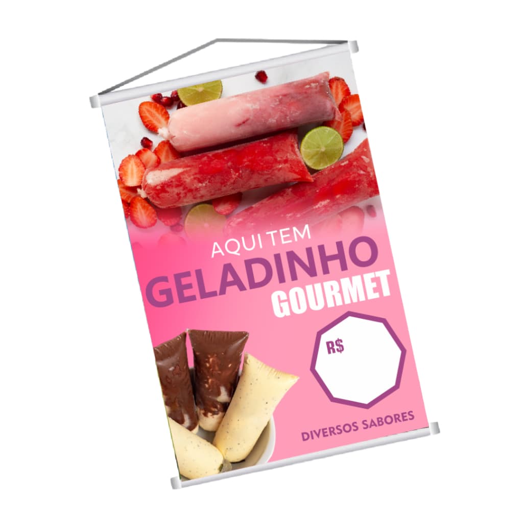 Banner Aqui Tem Geladinho Bastão Corda 300g Impressão em Alta Qualidade Arte Pronta Envio Imediato