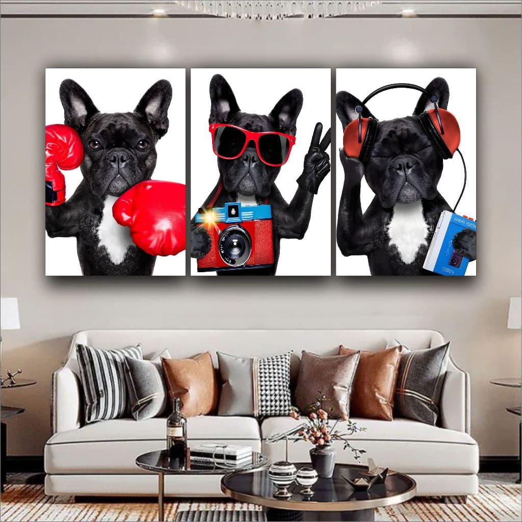 Quadros Decorativos kit 3 peças Cachorro Buldogue Francês Divertido Quarto pet shop