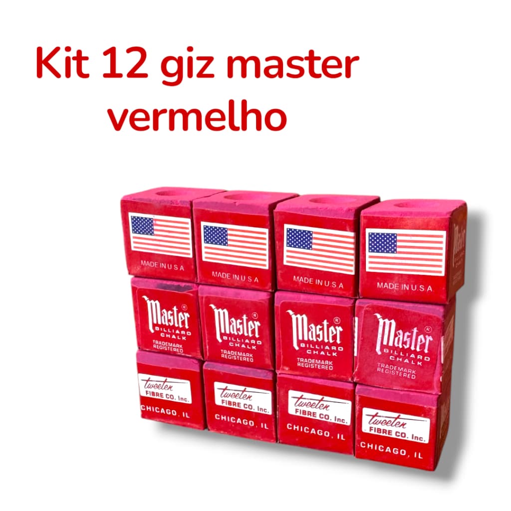 12 Giz p/ Sinuca Master Vermelho Kit Qualidade Premium Snooker Bilhar Profissional