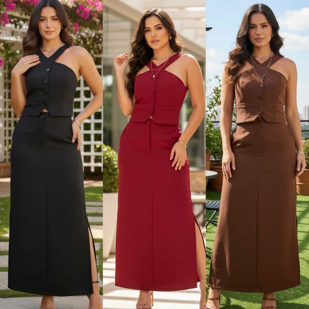 Conjunto Alfaiataria Feminino Colete com 4 Botões e Saia Longa elegante luxo