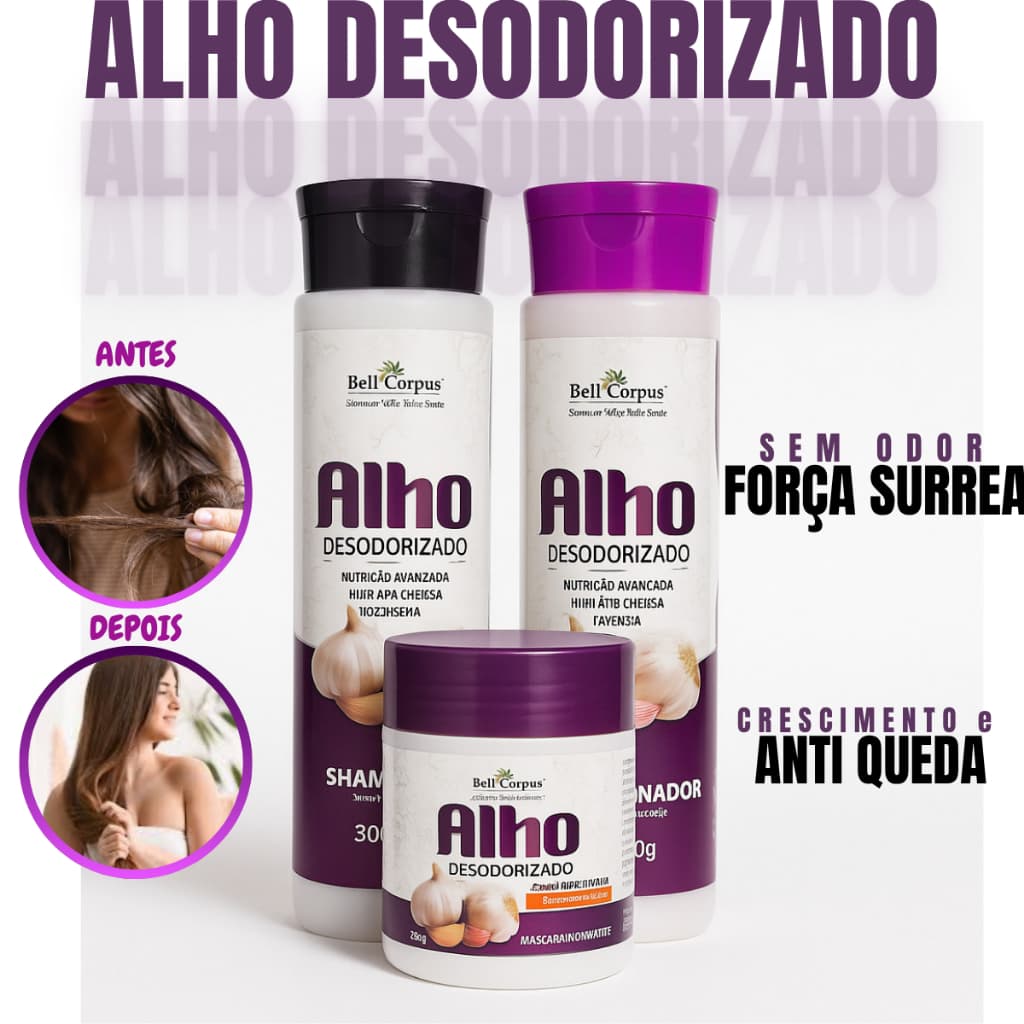KIT Alho Desodorizado para Cabelos Grandes e Fortes Anti Queda Shampoo e Condicionador + Máscara