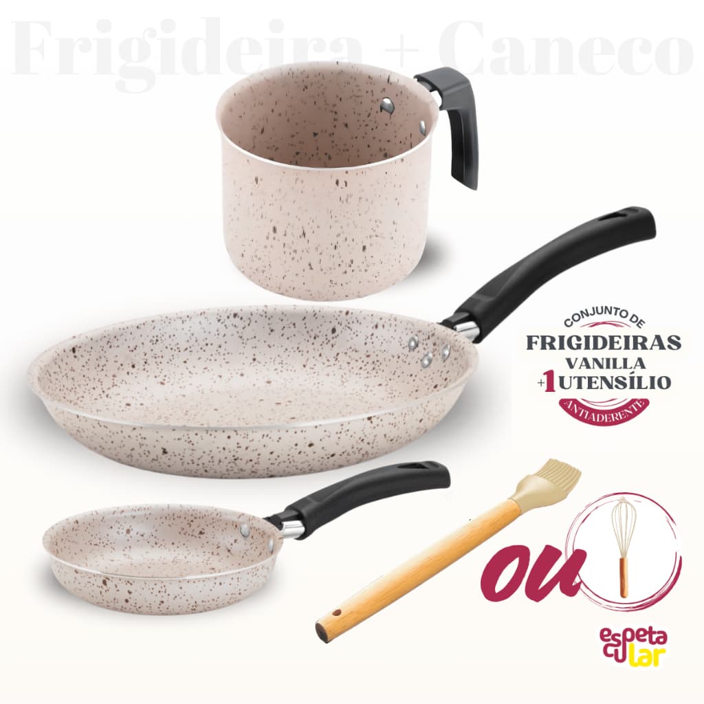 Frigideira 22cm +  Ovo 14cm + Fervedor 14cm Antiaderente Bege ou Cinza + 1 Utensílio Silicone