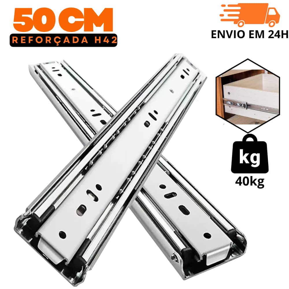 Corrediça Telescópica 50 cm Larga Reforçada Trilho de Gaveta H45 HDFerragens