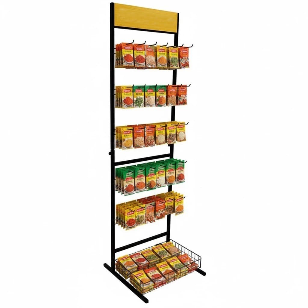 Display Expositor Encartelado Com 30 Ganchos De 20cm E Cesto