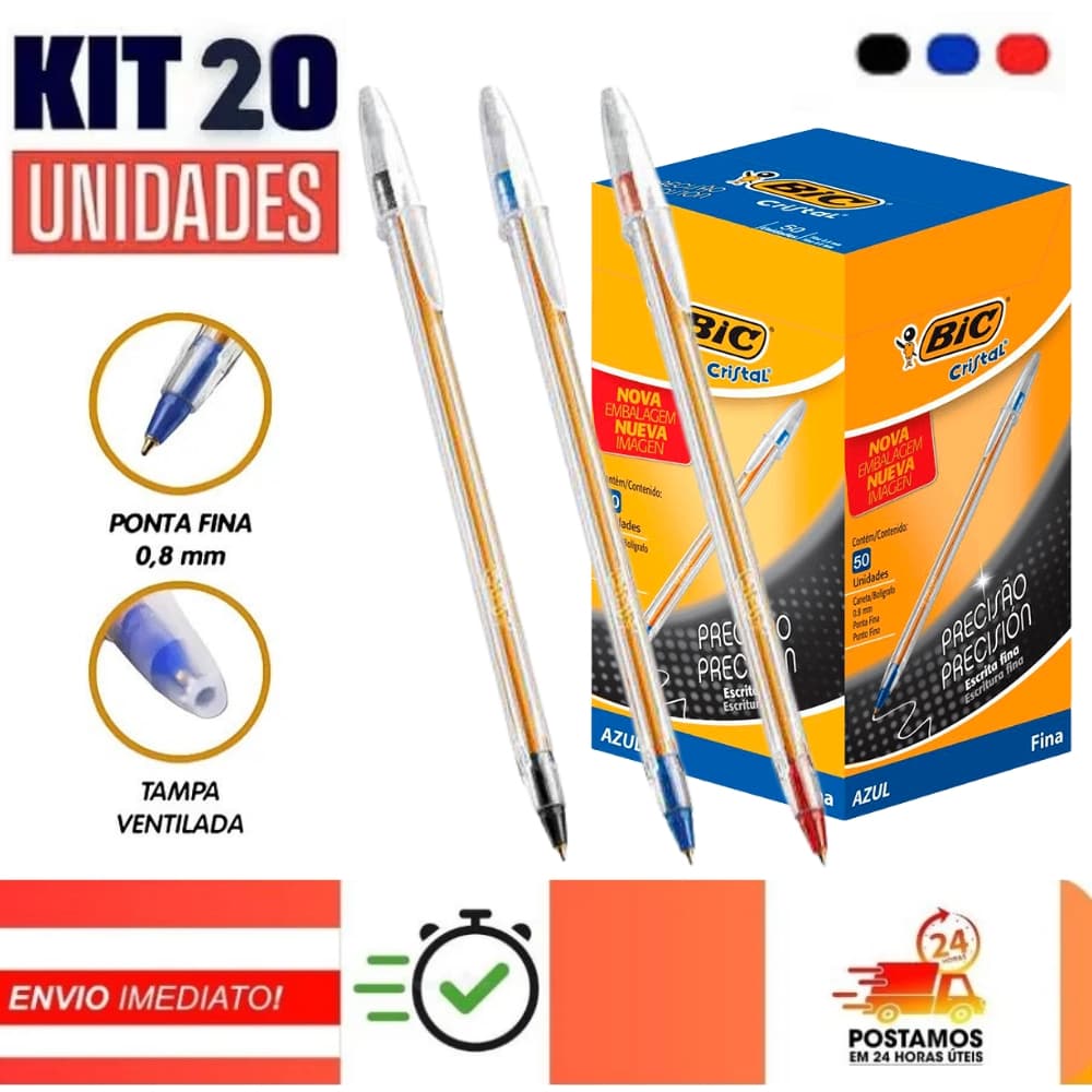 KIT 20 Canetas Bic Cristal Esferográficas 0.8mm Ponta Fina Cores Azul, Preta e Vermelha-Original, Escrita fina, Papelari