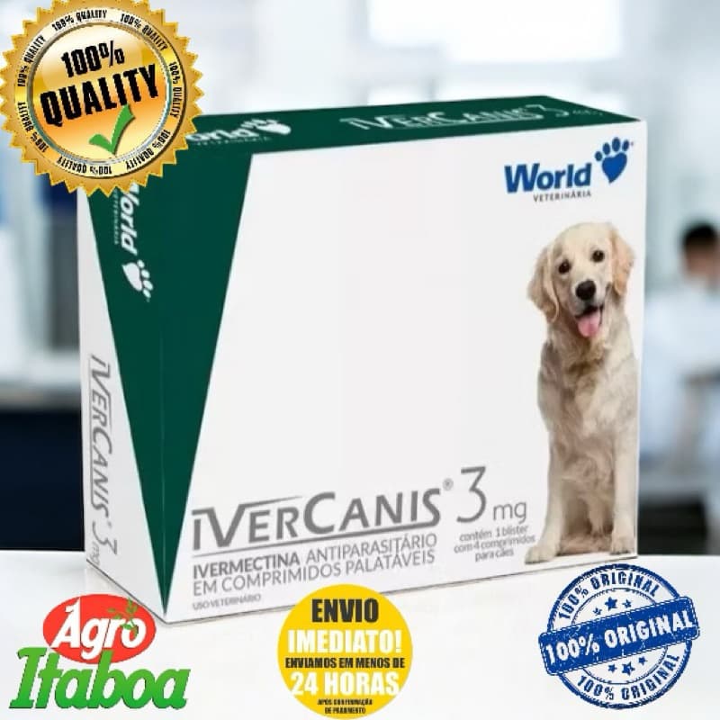 Ivercanis 3mg Remedio Carrapato Pulgas para Cachorro Dura 6 Meses 4 Comprimidos Sarnas Vermes