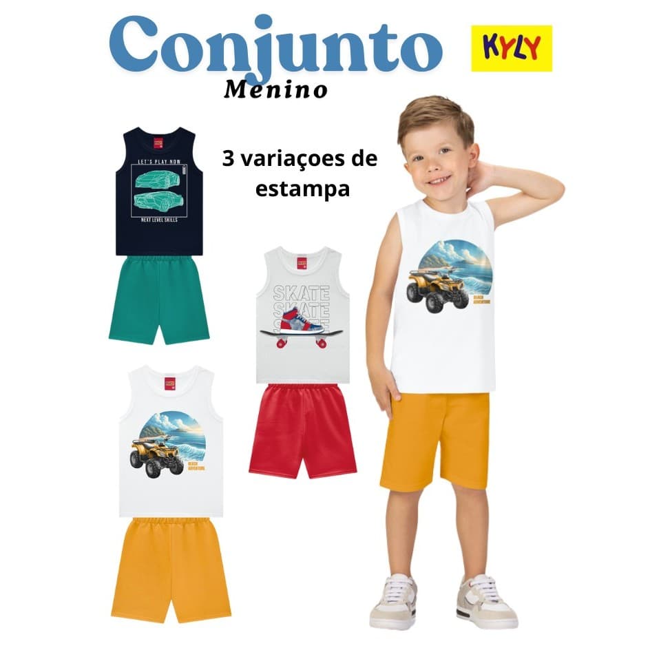 Conjunto Regata Infantil Menino Estampa Kyly, conjunto é confeccionado em meia malha e moletom verão