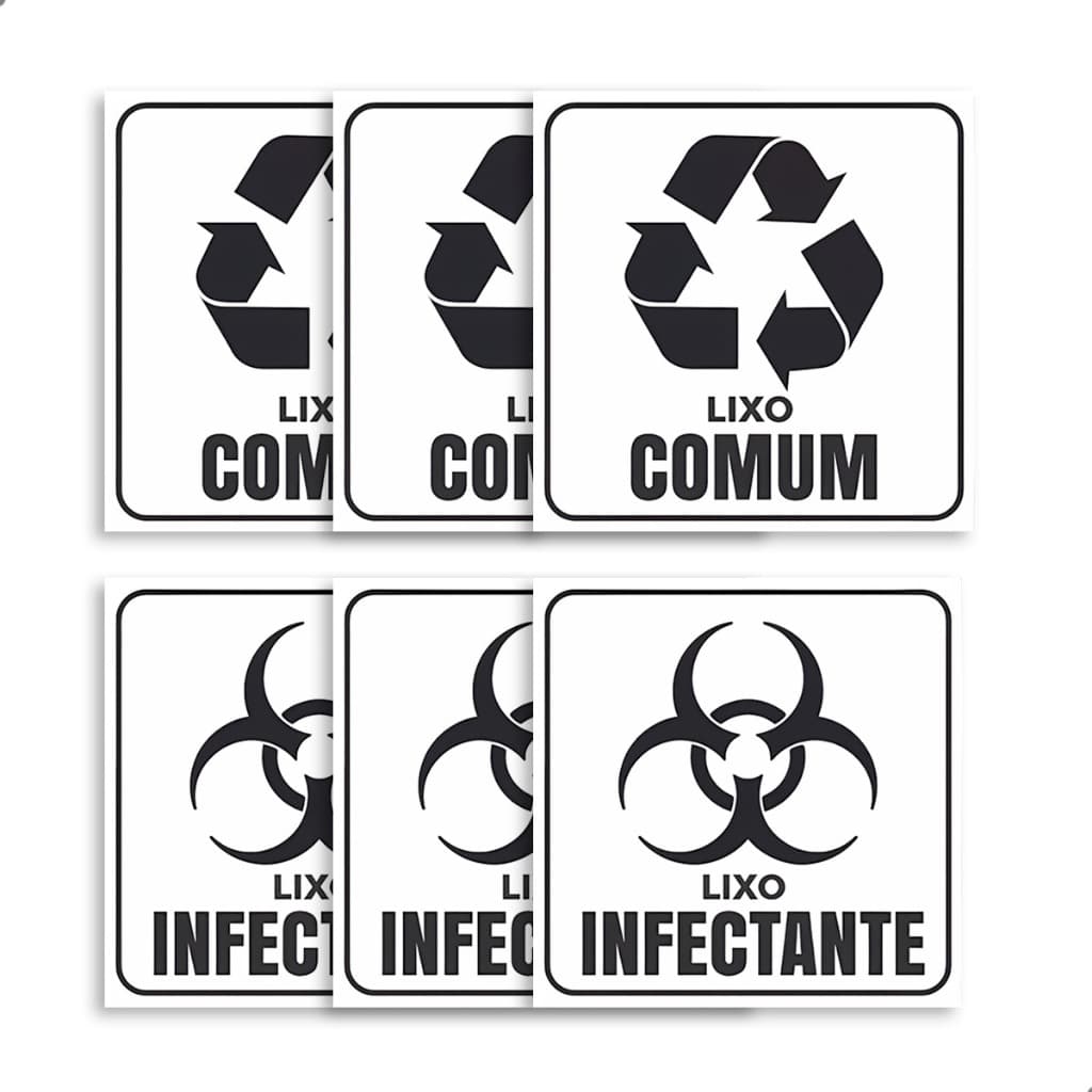Adesivo Lixo Infectante Comum 10x10cm Vinil Resistente 6 Unidades Sinalização Hospitalar Prova d’Água