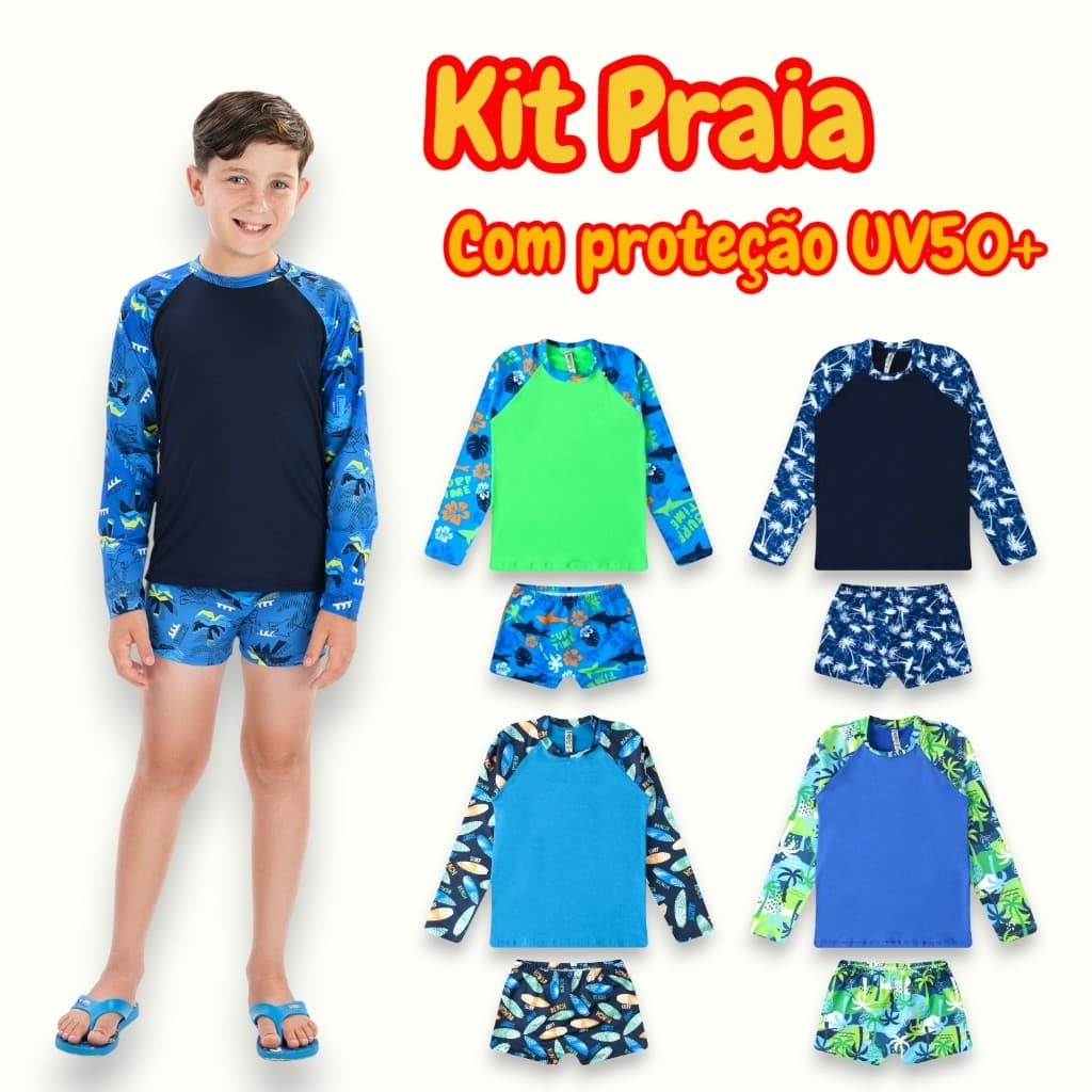 Camisa + Sunga de proteção UV50 Infantil e Juvenil Raglan Moda Praia e Piscina. Meninos