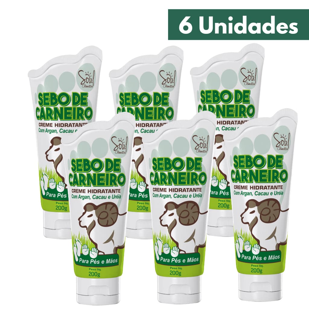 Kit 6 Creme Hidratante Sebo de Carneiro Pés e Mãos Soul Cosméticos 200g