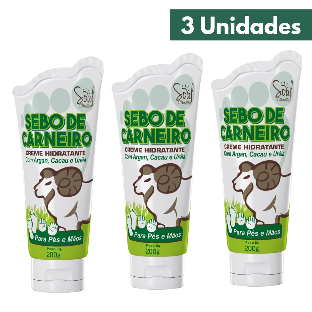Kit 3 Creme Hidratante Sebo de Carneiro Pés e Mãos Soul Cosméticos 200g