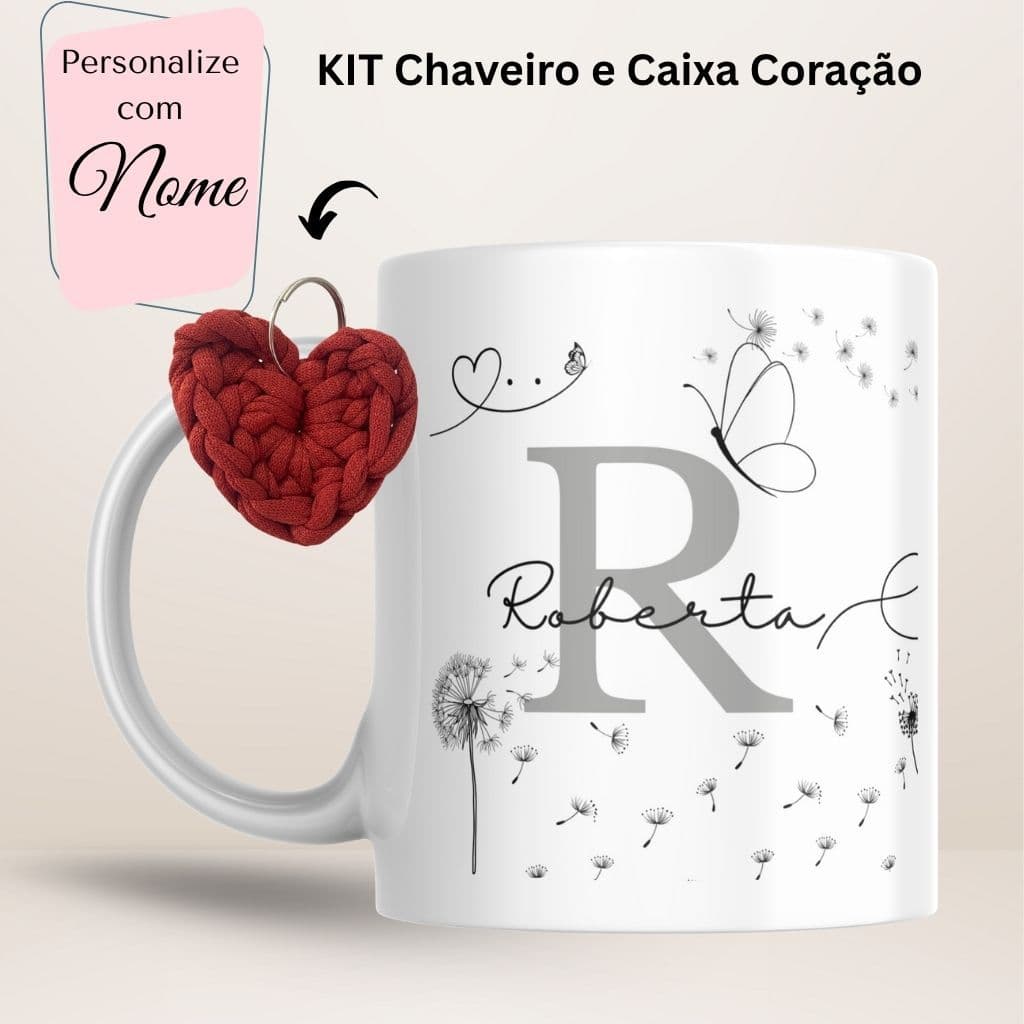 Kit caneca nome personalizada + chaveiro fio de malha+ caixinha coração presente mãe/amiga/namorada