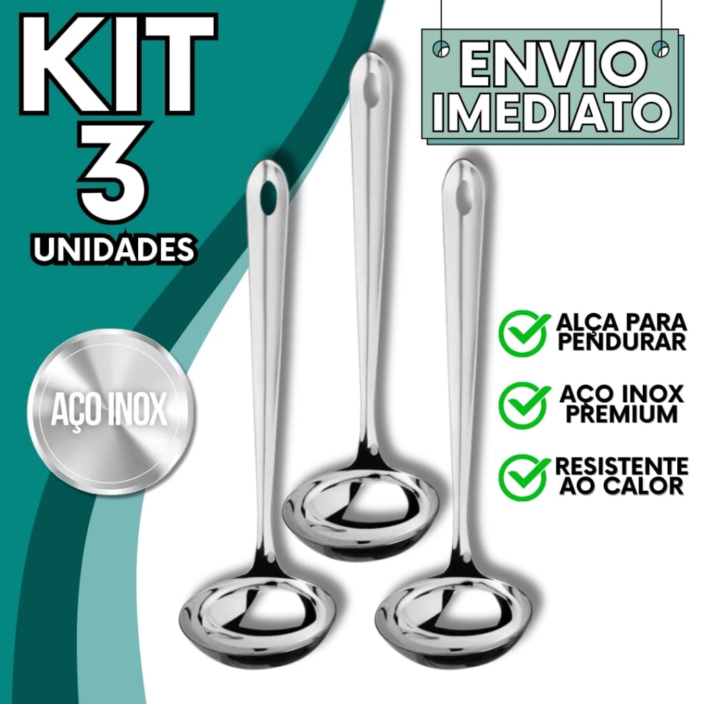 KIT Jogo 3 Concha Aço Inox GRANDE Polida Super Resistente para Servir Molho Feijão Sopa Caldo Casa Restaurante Buffet