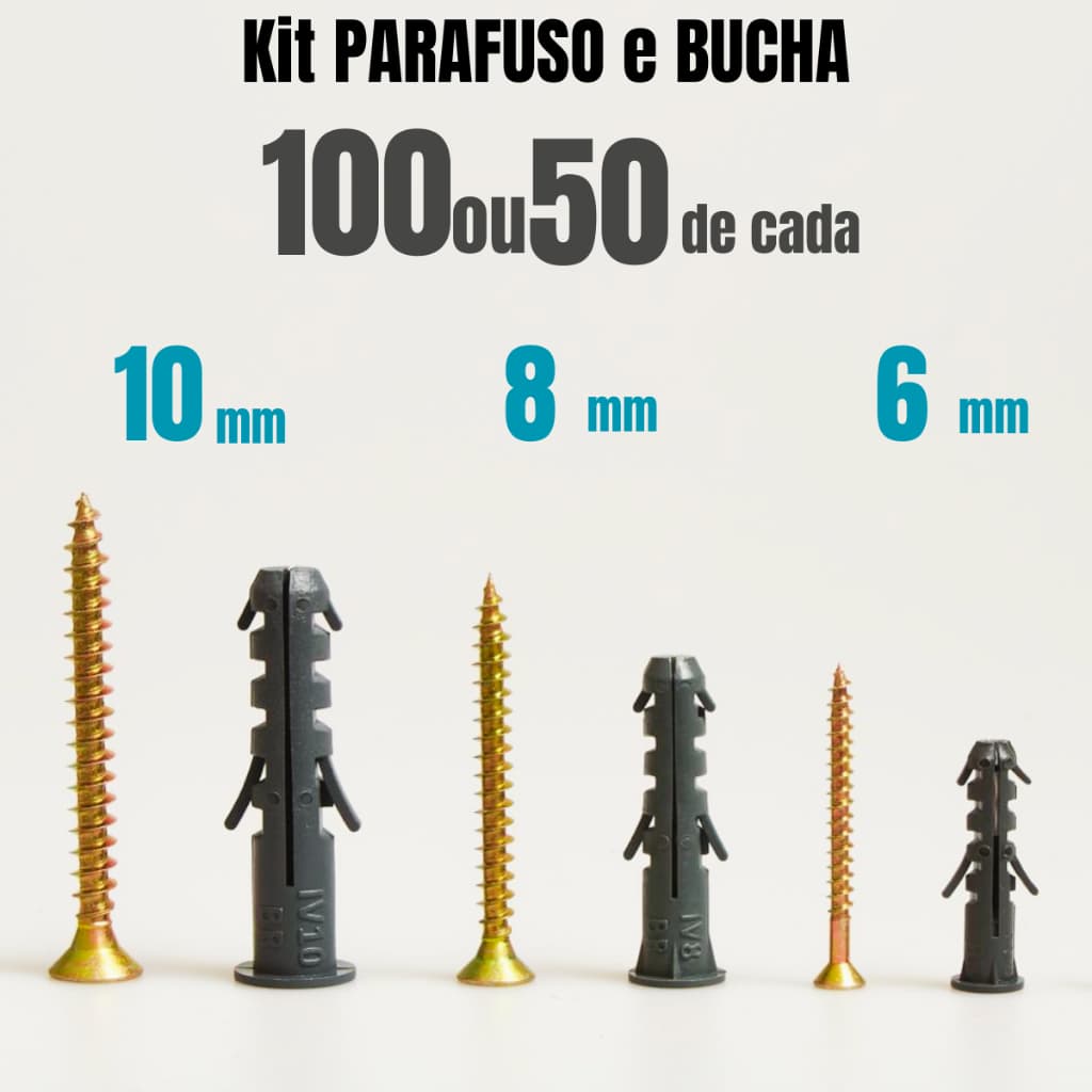 Kit Parafuso e Bucha 10mm - 8mm - 6mm
