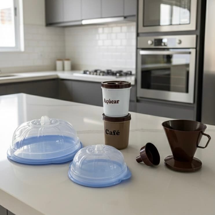 Kit Cozinha 5 Peças Boleira Com Tampa Queijeira Coador de Café Pote Café e Açúcar