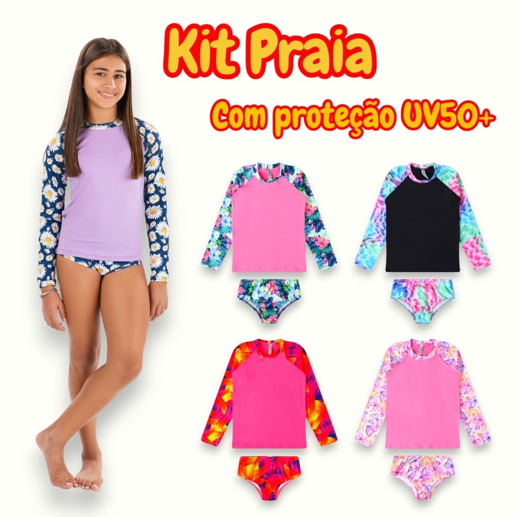 Camiseta + Biquini de proteção UV50 Infantil e Juvenil Tam 4 ao 12 Moda Praia e Piscina. Meninas