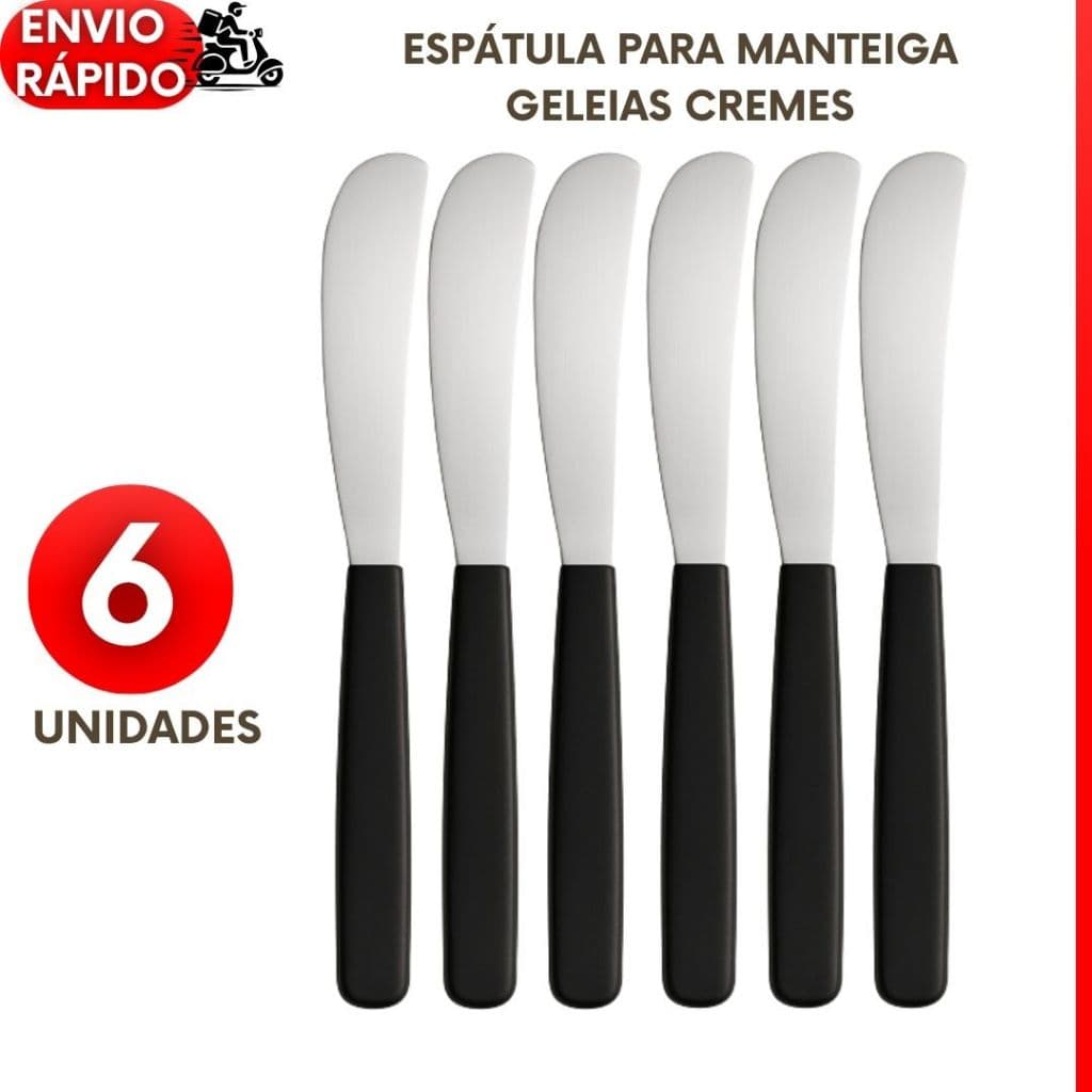 Kit 6,  5, 4 ou 3 Espátulas Para Manteigas Requeijão Geleias Patês Premium Inox Cabo Preto Pão Café Cozinha