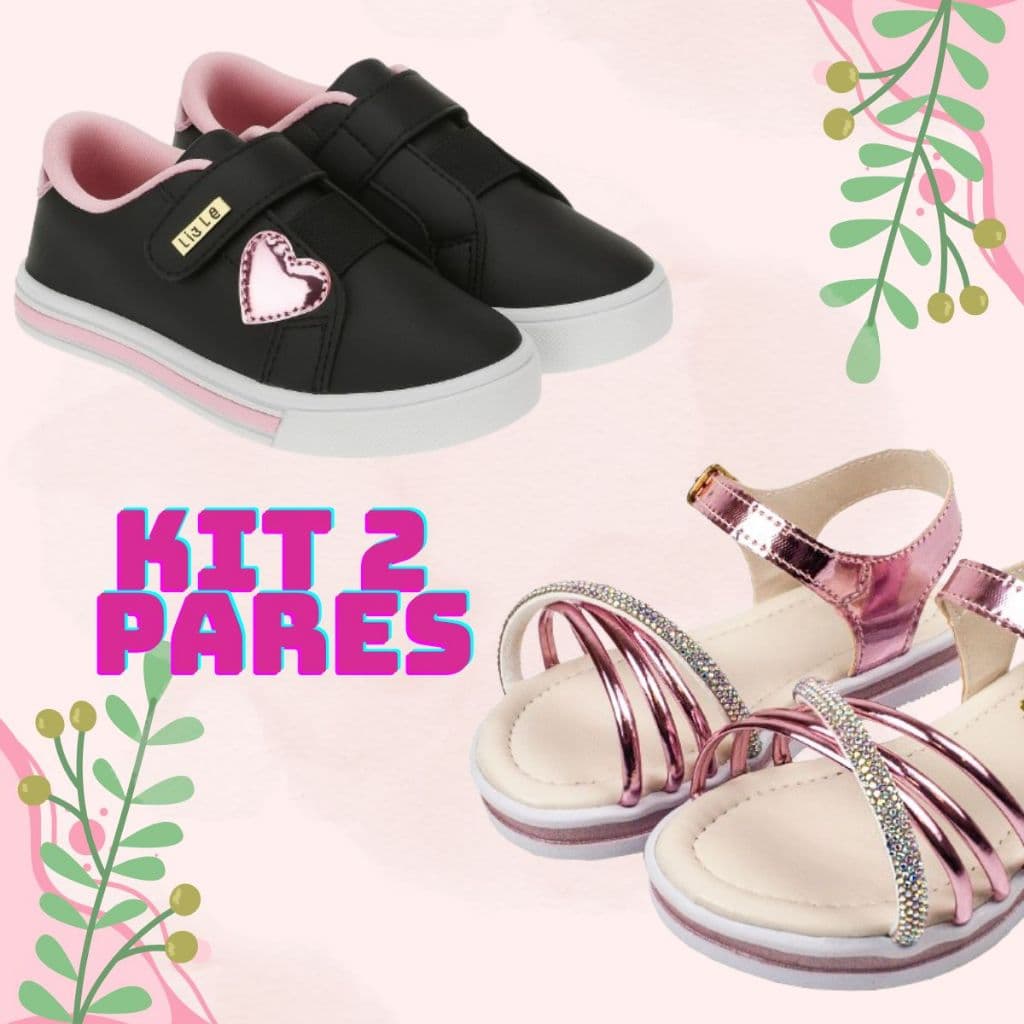 Kit 2 pares Tênis Infantil Menina Coração e Sandália com Fivela Tira de Strass Escolar Confortável