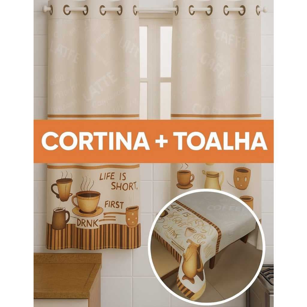 Kit Cozinha Completa Cortina 2,00 x 1,50 + Toalha de Mesa 4, 6 e 8 Lugares