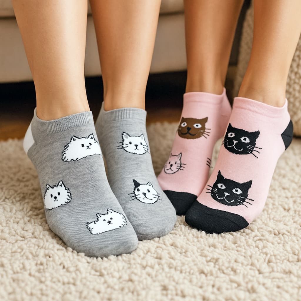 Pares de Meias Femininas Cano Curto Desenho de Pet Gatinho Cachorrinho 35-40