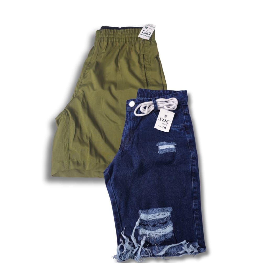 Kit Bermuda Sarja Destroyed Masculina + Short Masculino de Treino com Elastano Mauricinho moda Praia