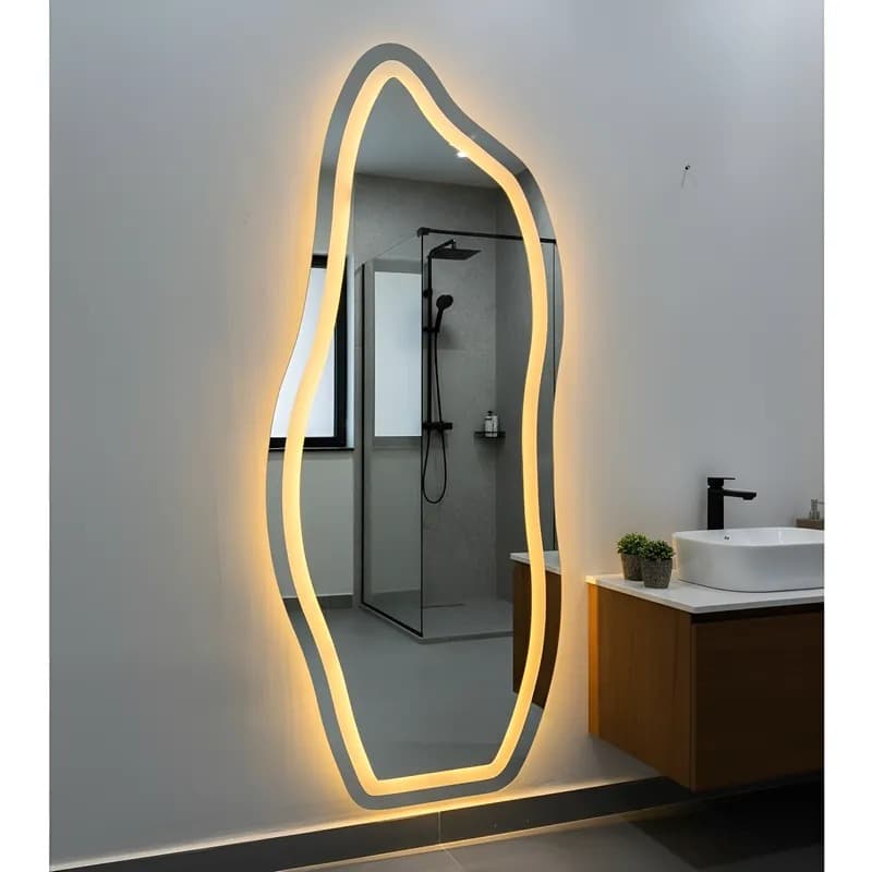 Espelho Orgânico Flame Corpo Inteiro 150cm x 60cm Polido LED Jateado Luz Branca e Luz Amarela Sala Quarto Banheiro