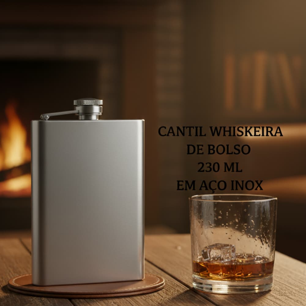 Cantil De Bolso Aço Inox 230ml Para Whisky Vodka Rum Whiskeira De Bolso Prateado
