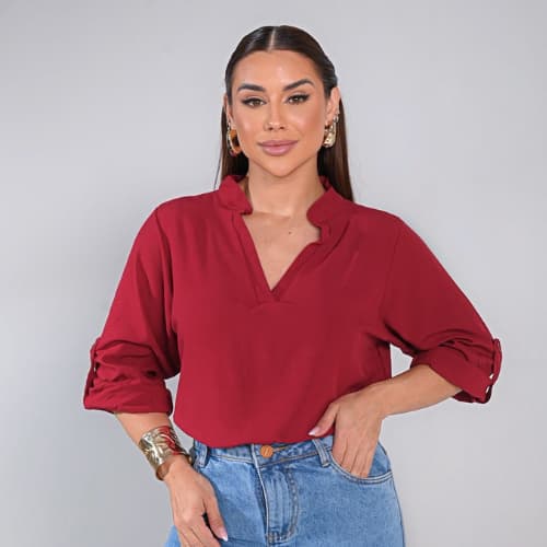 Blusa Feminina Elegante Manga Longa Casual Gola V Casual Moda Feminina Tecido Leve