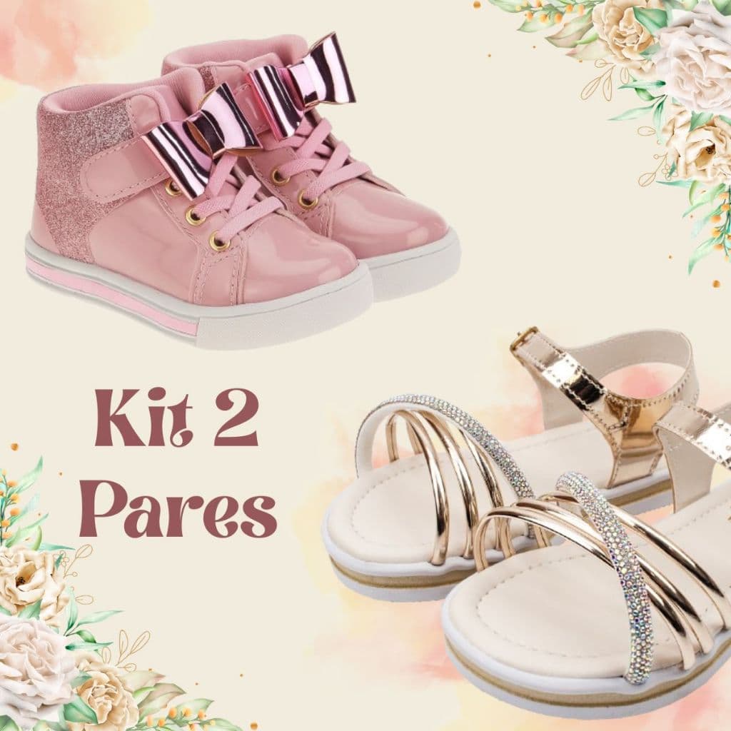 Kit 2 pares Tênis Infantil Menina Botinha Confortável e Sandália Tira de Brilho Strass Moda Casual