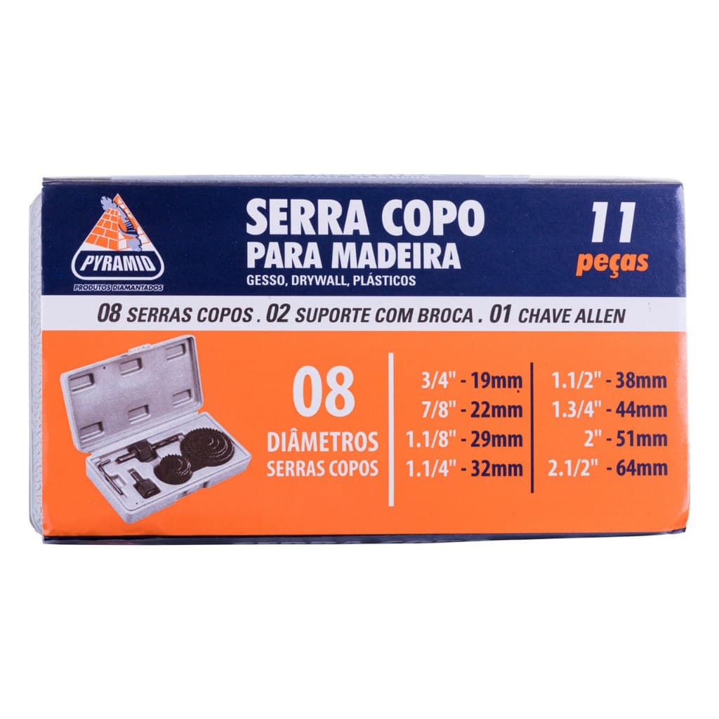 Jogo 11 Peças Serra Copo Para Madeira, Gesso, Drywall, Plástico + Chave Allen + Suporte C/ Broca