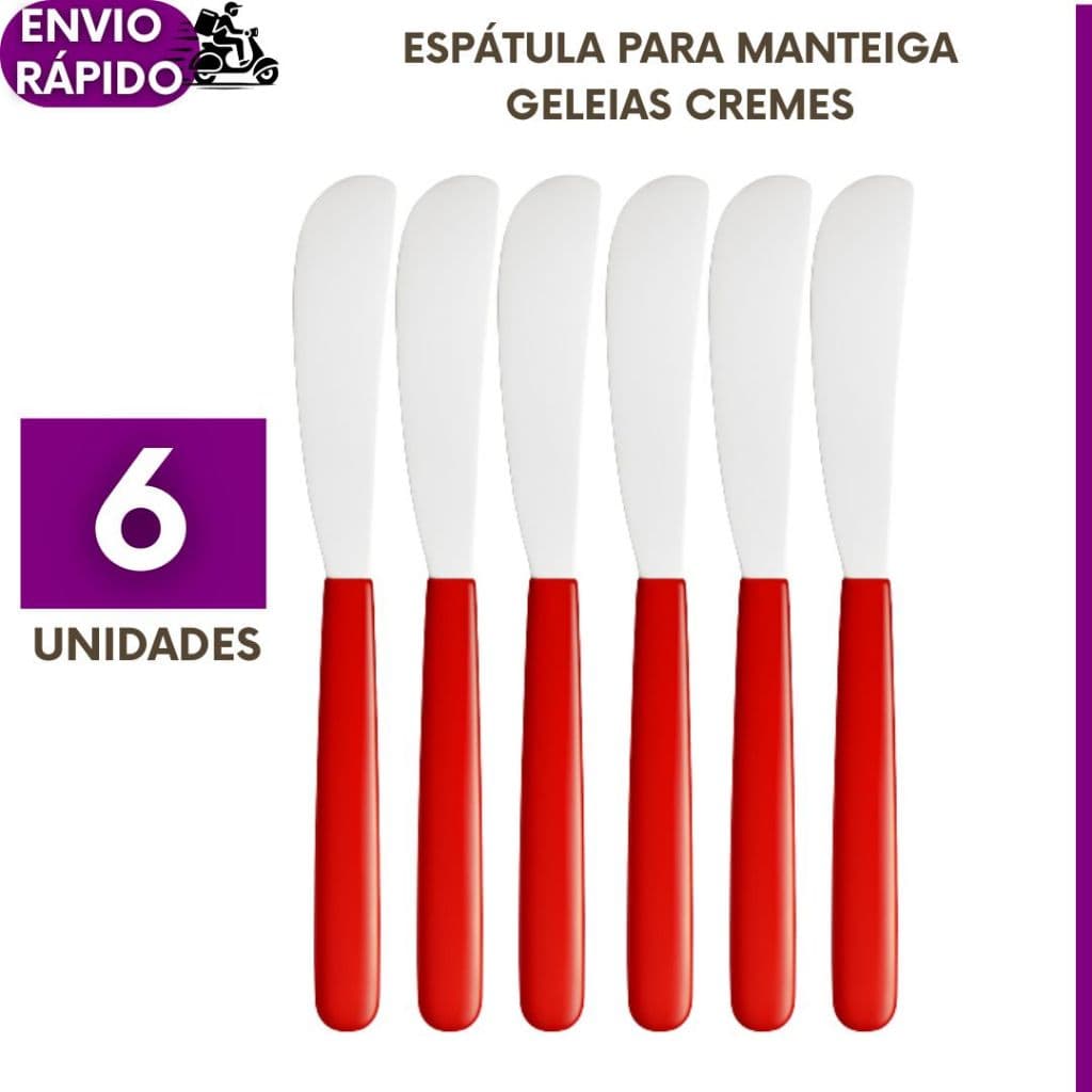 Kit 6 Espátulas Para Manteigas Requeijão Geleias Patês Premium Inox Cabo Vermelho Pão Café Cozinha