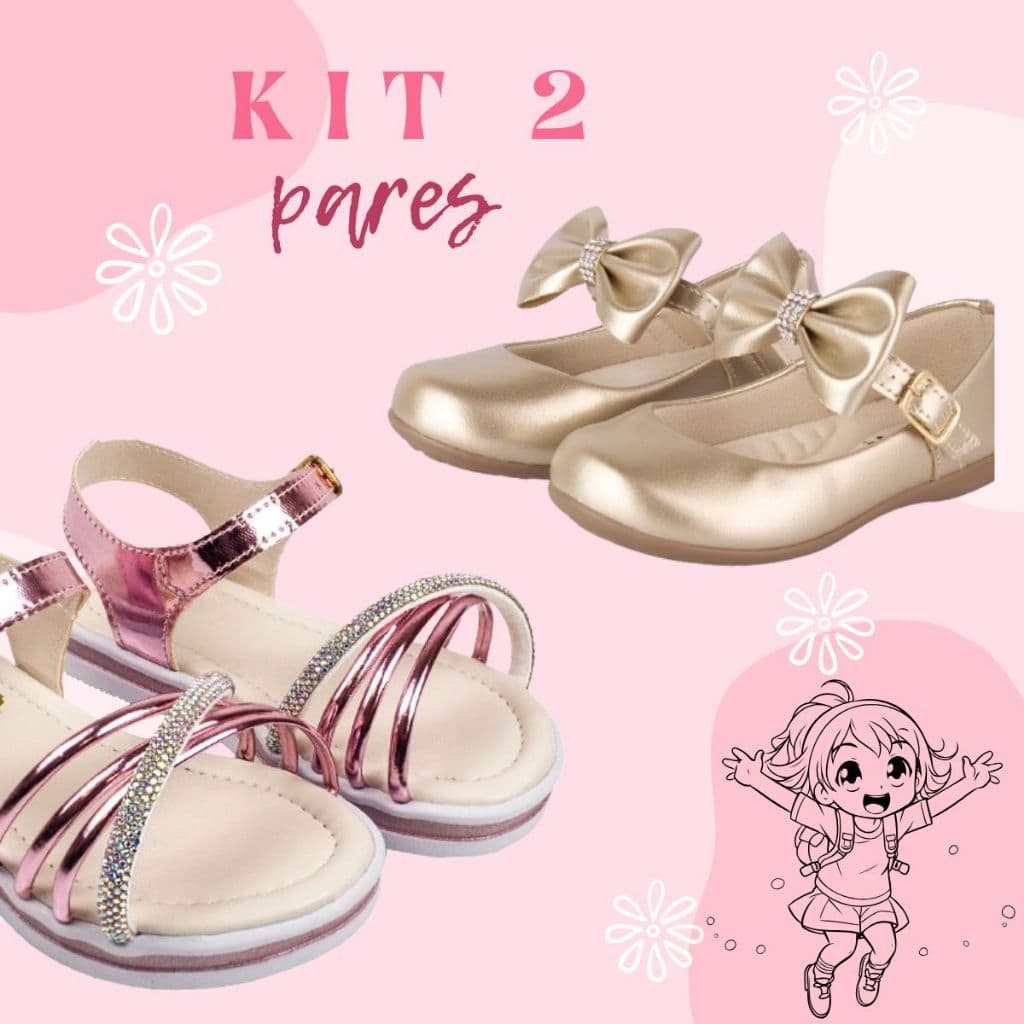 Kit 2 Pares Sapatilha Infantil Menina e Sandália Sandália com Fivela Tira de Strass Escolar Confortável