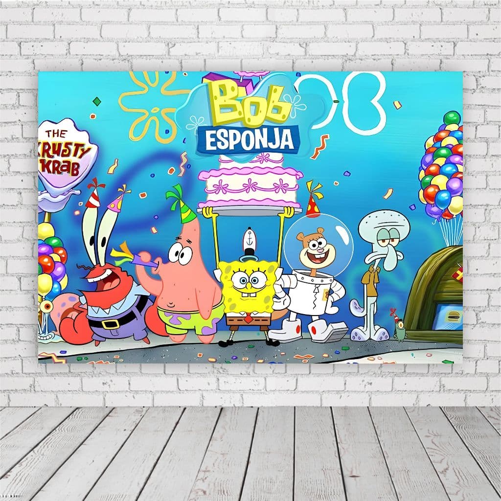 Painel Retangular em Lona Fosca - Bob Esponja Bolo de Aniversário