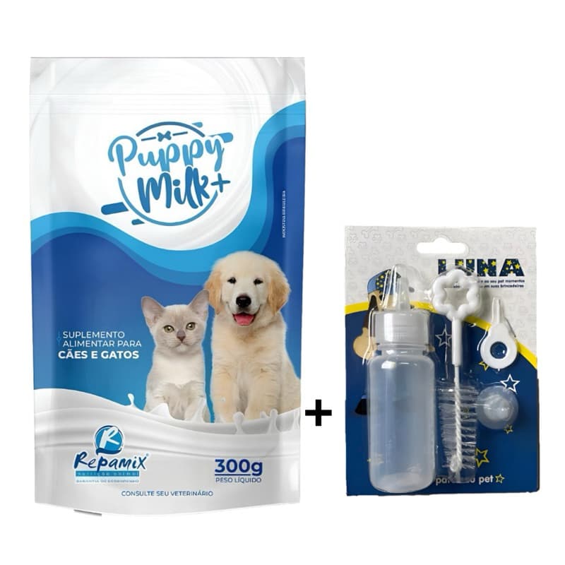 Kit Leite Para Cães e Gatos Filhotes + Kit Mamadeira Pet Bico Reserva e Limpador