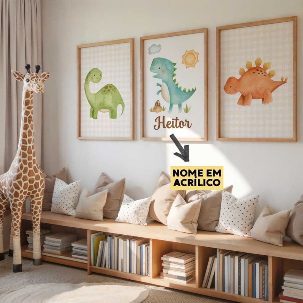Quadro Decorativo 3 peças Dino Baby Quarto Infantil Menino - NOME EM ACRÍLICO