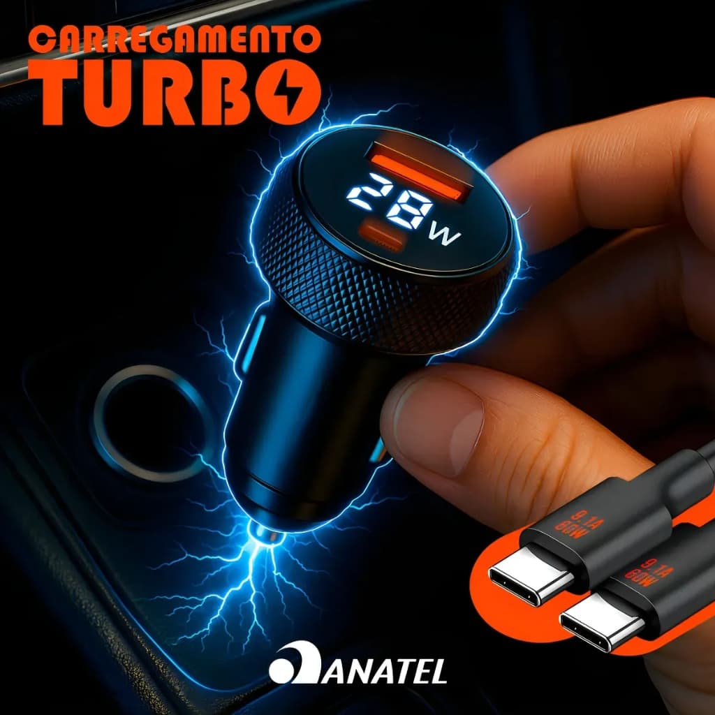 Carregador Veicular Turbo 60W Para Automóvel Carregador de Carro Duas Entradas com Carregamento Super Rápido + Cabo USB