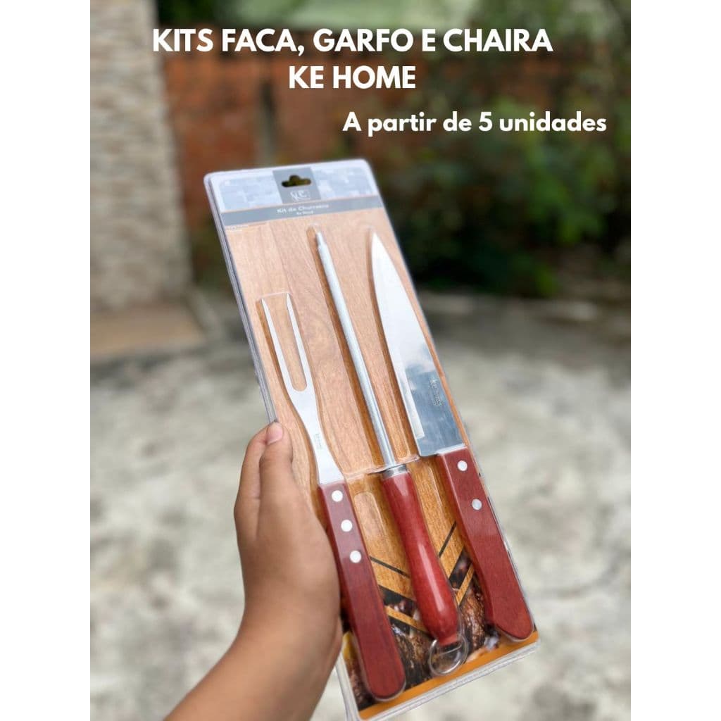 KITS churrasco KeHome com Faca, Garfo e Chaira keHome com Cabo de Madeira - a partir de 5 unidades