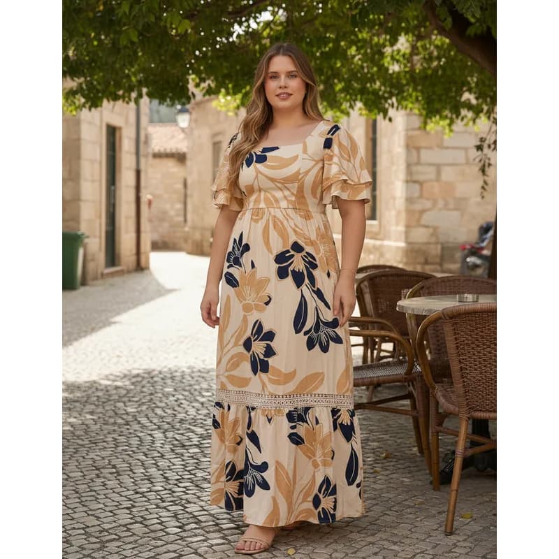 Vestido  longo Floral Viscolinho com Lastex e Mangas Bufantes – Estampado