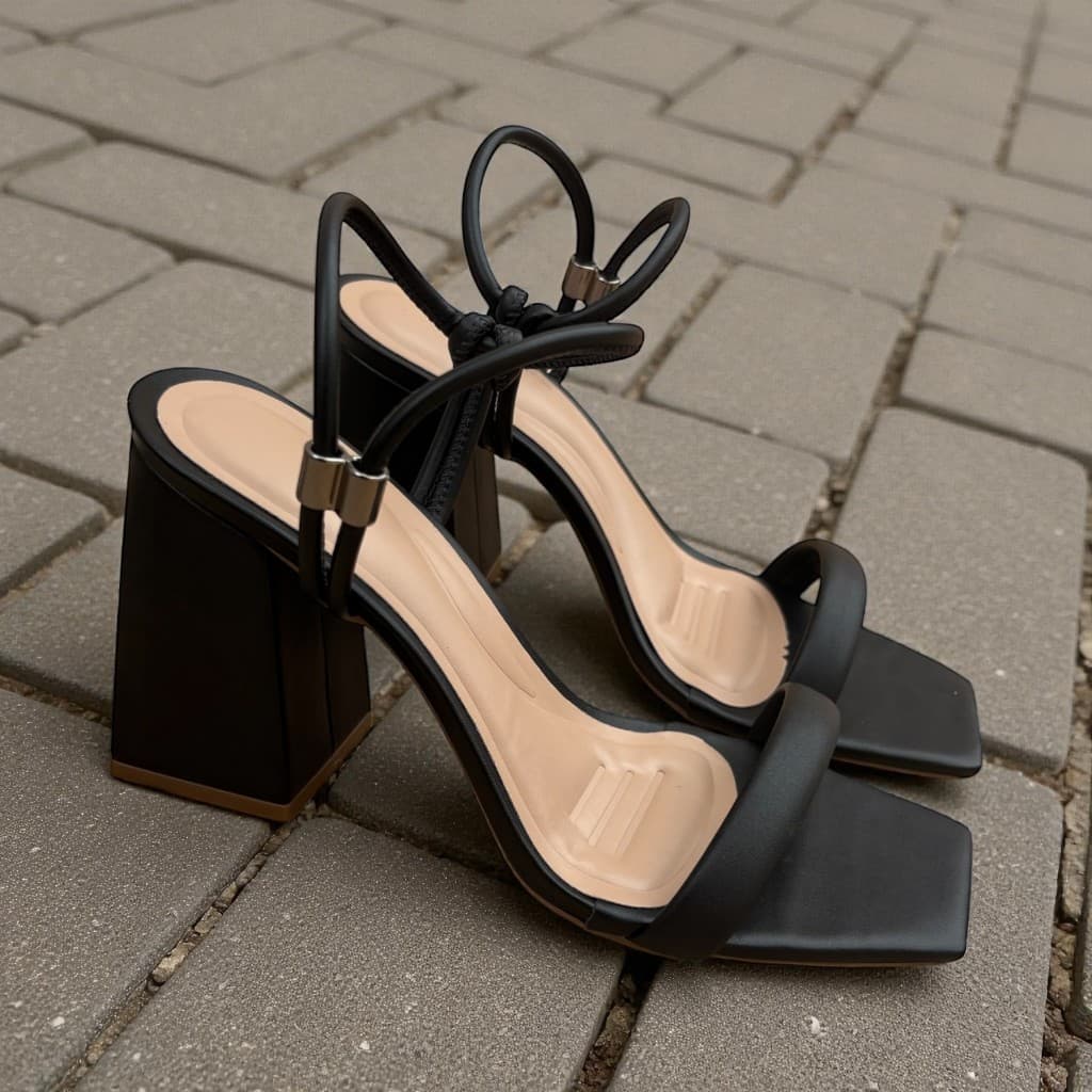 Sandália Feminina Preta Salto Bloco Médio Casual Tiras Meia Cana Fashion