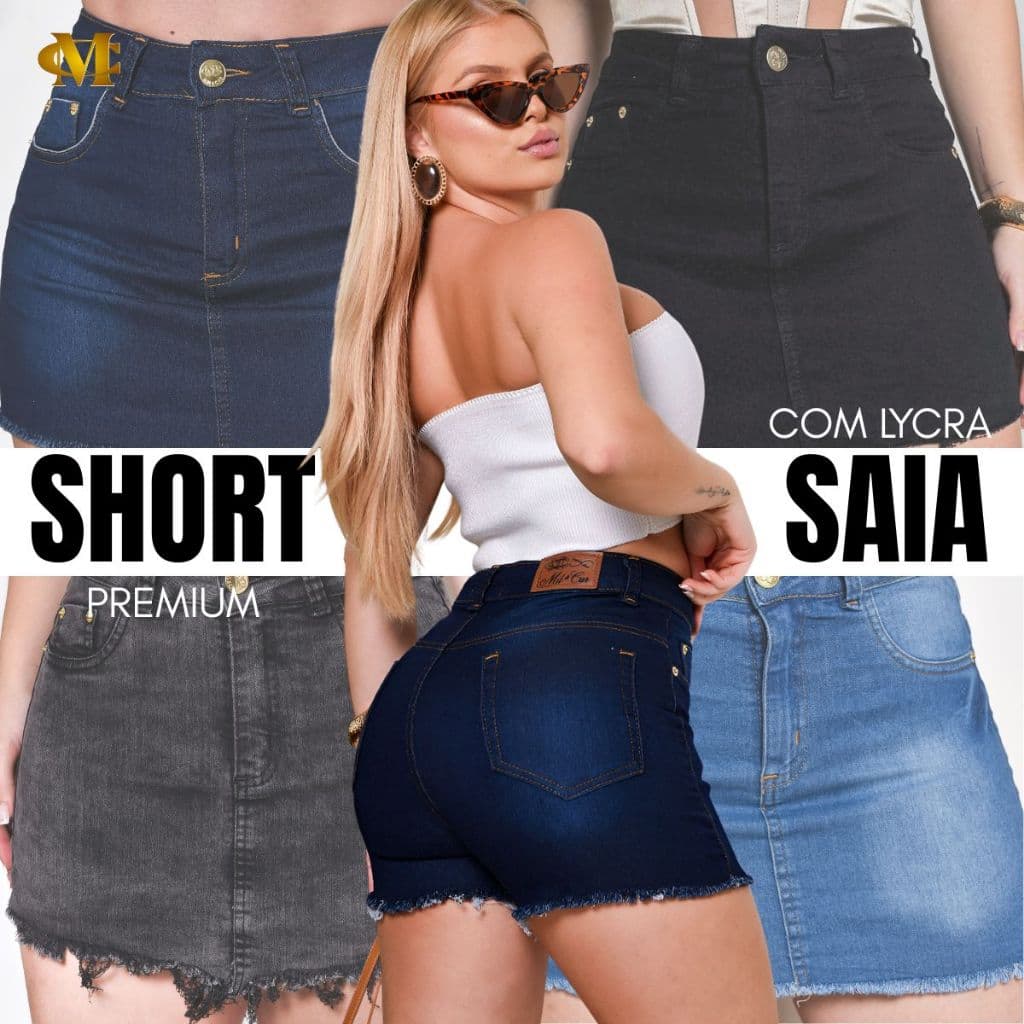 Short Saia Jeans feminino com lycra estica cintura alta