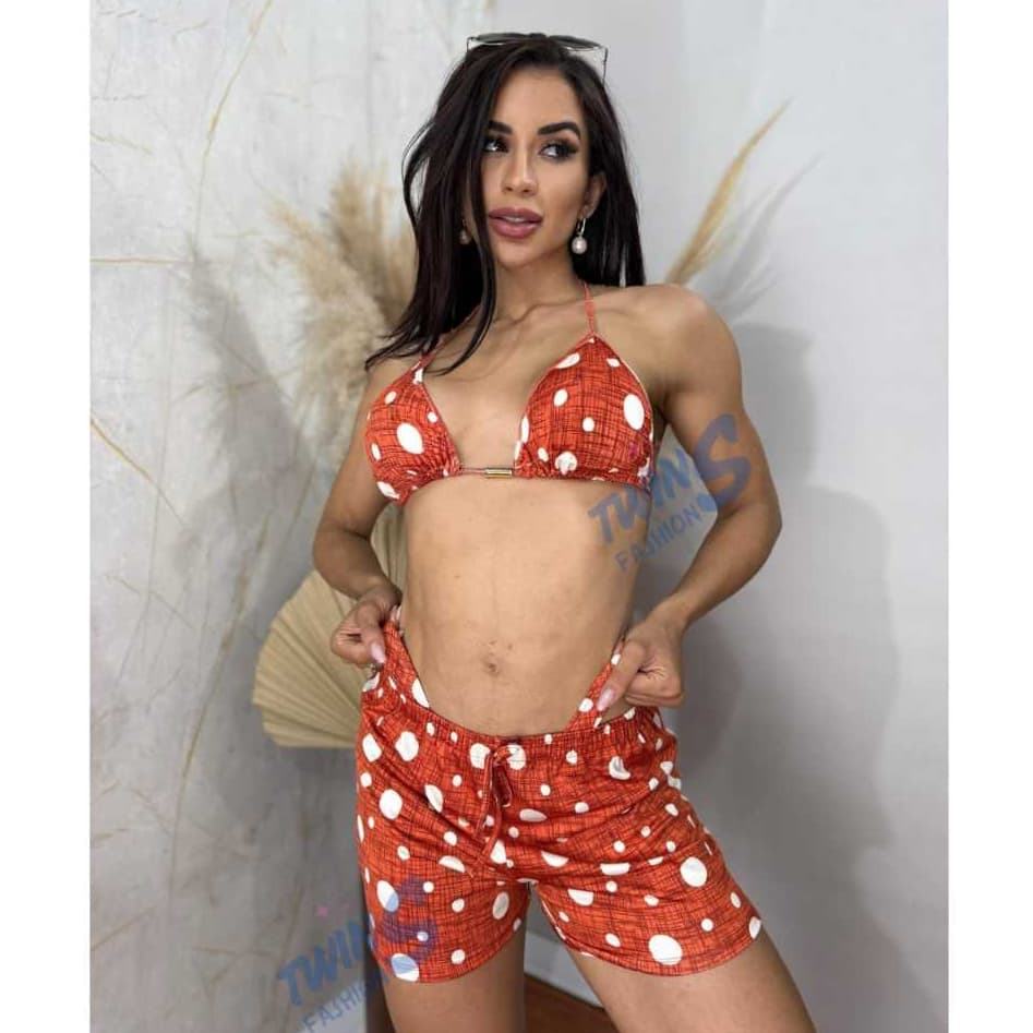 Conjunto de Biquini Feminino 3 Peças Top Cortininha Estampado com Shorts , Moda Praia com Bojo Removivel