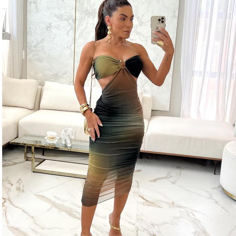 Vestido Midi Tule Drapeado Tomara que Caia Tendência Fashion Moda Elegante