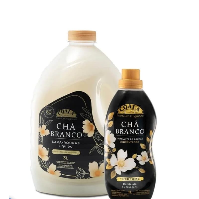 Coala Chá Branco – Lava Roupas 3, 5L  Amaciantes 1L | Perfume Premium e Maciez Incrível