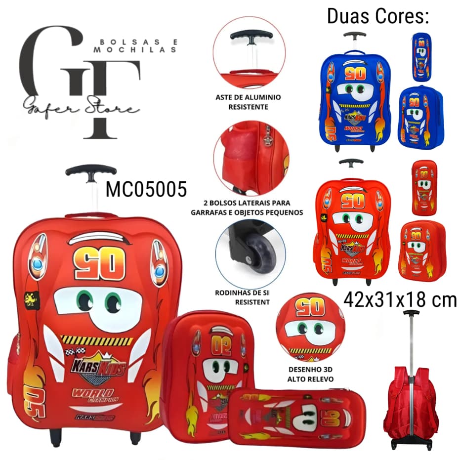 Kit Mochila Carros 3d 5005 Infantil Rodinhas Escolar Top MC05005
