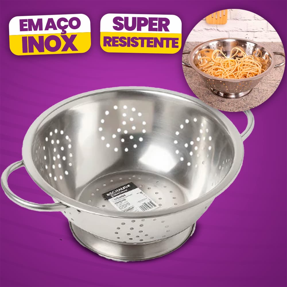 Escorredor de Massas Legumes Inox Multifuncional 25,5cm com alças Durável Versátil e Fácil de Limpar