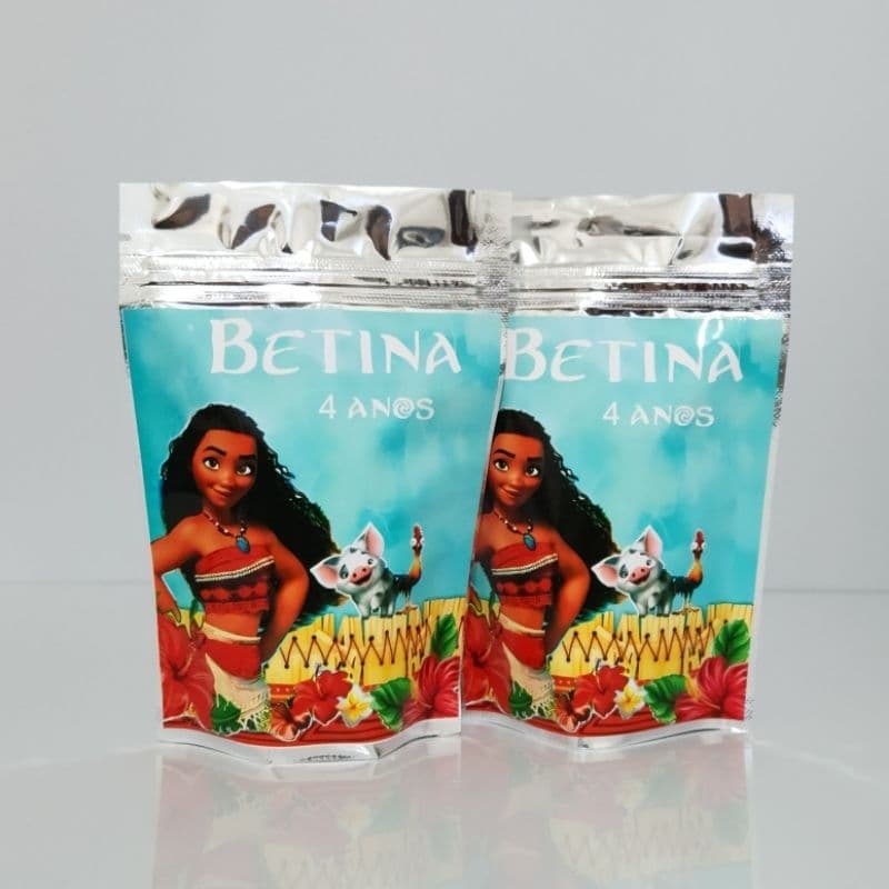 SAQUINHO METALIZADO MOANA ADULTA  PERSONALIZADA PARA FESTA INFANTIL MENINA PRONCESA