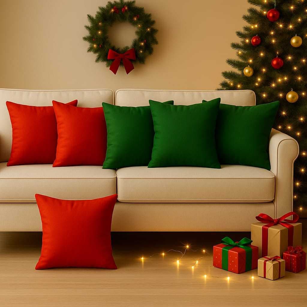 Kit 6 Capas de Almofadas Natalinas Oxford 45x45 🎅 Vermelho e Verde | Decoração de Natal Sala Sofá
